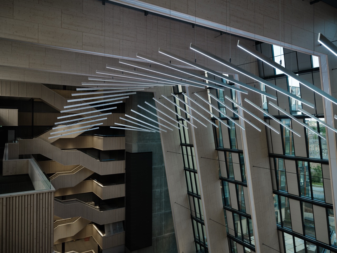 Suspense kinetic LED installation at Oslo atrium featuring precision engineered architectural lighting by LEDFlex